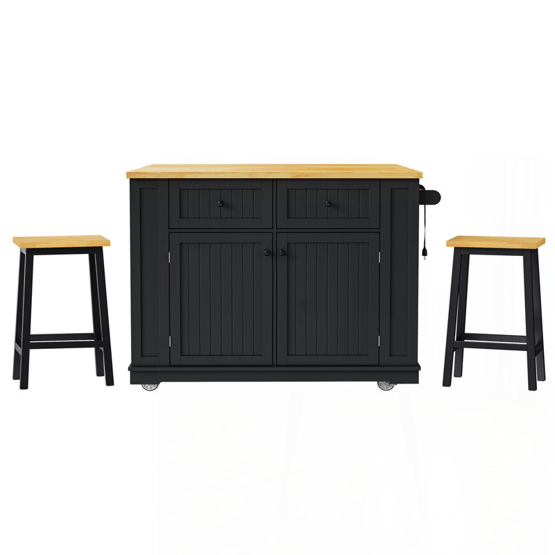 48inch Large Kitchen Island with 2 Bar Stools, Power Outlet, Door Internal Storage Rack, Kitchen Storage Cart on 5 Wheels with Drop Leaf, 5 Open Side Racks, 2 Drawers,for Kitchen,Dining Room