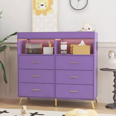 Commode 6 tiroirs avec plateau à langer, lumières DEL et station de charge, commode à langer moderne