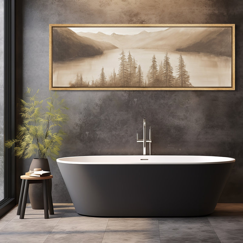 «Sepia Mountain Lake Landscape with Pine Trees - Large Art encadré sur toile, chambre principale, Naturel