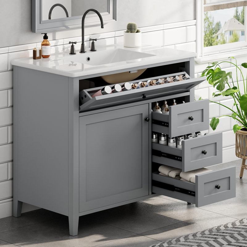 Meuble-lavabo avec lavabo, 3 tiroirs et tablette réglable, Gray