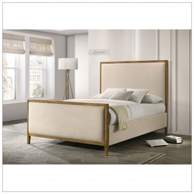 Oak 1pc Queen Size Upholstered Panel Design Bed Wooden Trim Fabric Bedroom Furniture