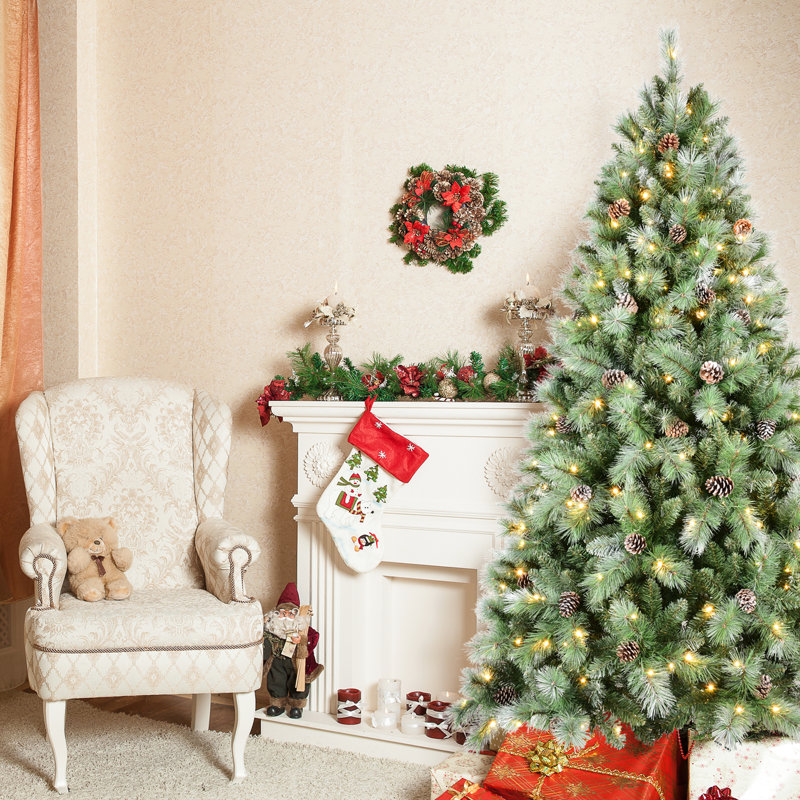 Arbre de Noël de 8 pi orné de 102 pins réalistes, 1858 pointes mixtes et une aiguille dure, conception à charnières pour une installation rapide, support en métal robuste, décor saisonnier corsé complet, 96 po de hauteur, 59 de largeur,