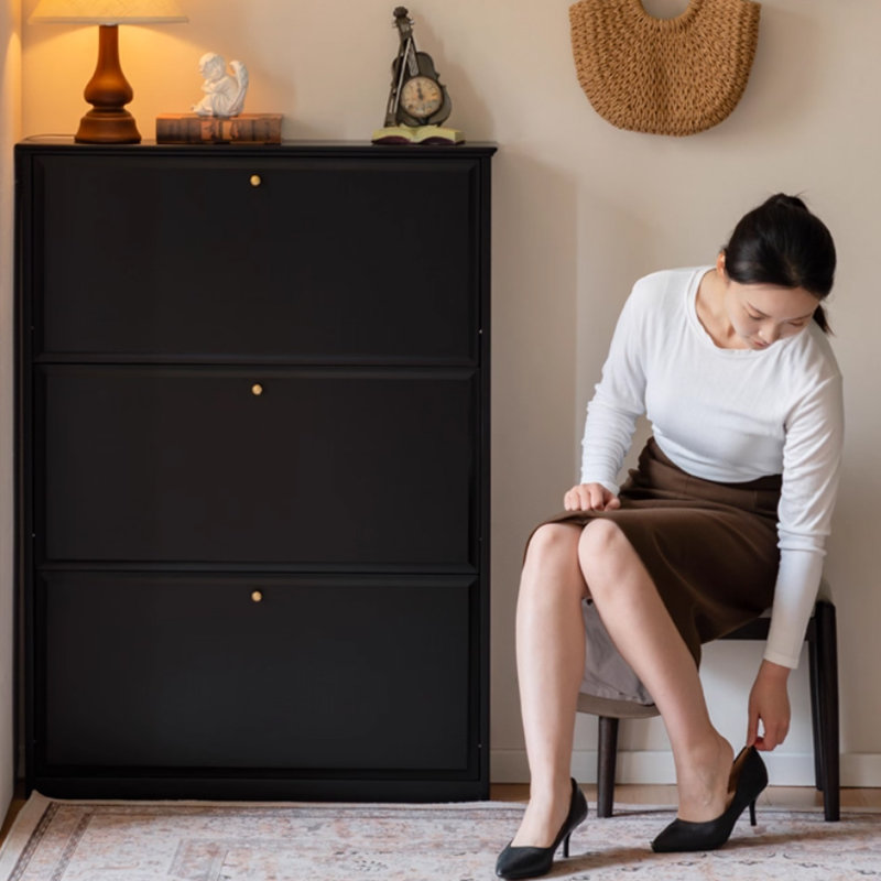 Black Solid Wood Shoe Storage Bench