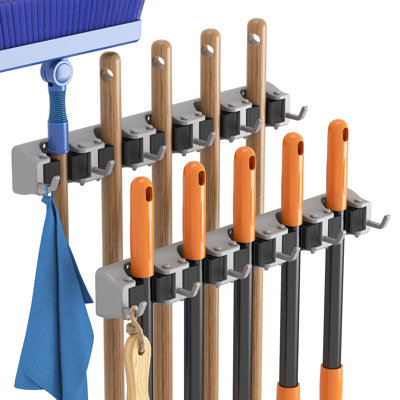 2-Pack Mop and Broom Holder Wall Mount, Anti-Slip Tool Hanging Rack 5 Slot 6 Hooks, Gray