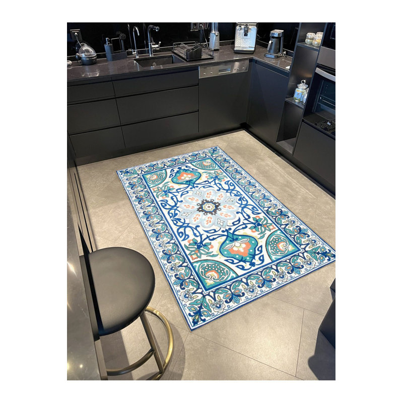 Tapis bleu lavable décoratif à motif floral traditionnel bleu, Sous-tapis carré 3 pi 3 po inclus