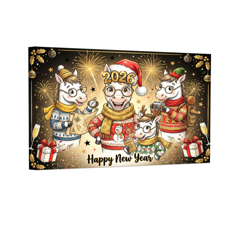 Animaux, cheval, famille, célébration de Noël 2026, H 16 po x l 24 po