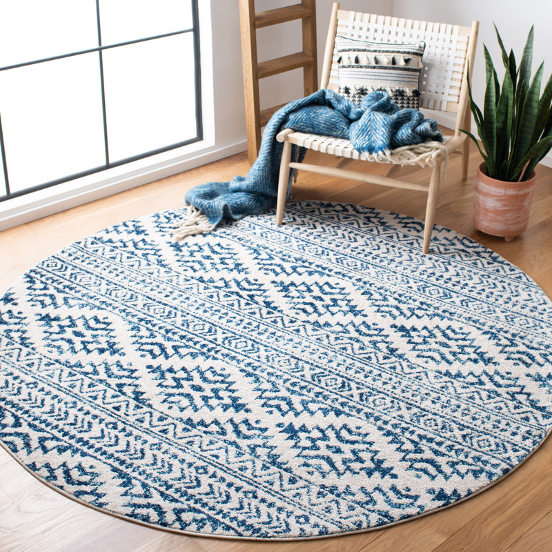 Tapis ivoire / bleu marine à motif géométrique Cobos, Rond 9 pi
