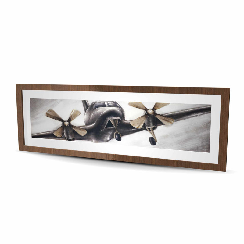 «Vintage Air plane in Flight - Gray», reproduction encadrée