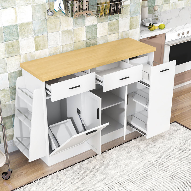 Multi-Functional Kitchen Island with Hidden Trash Cabinet, Storage Cabinet and 3-Tier Spice Rack, White