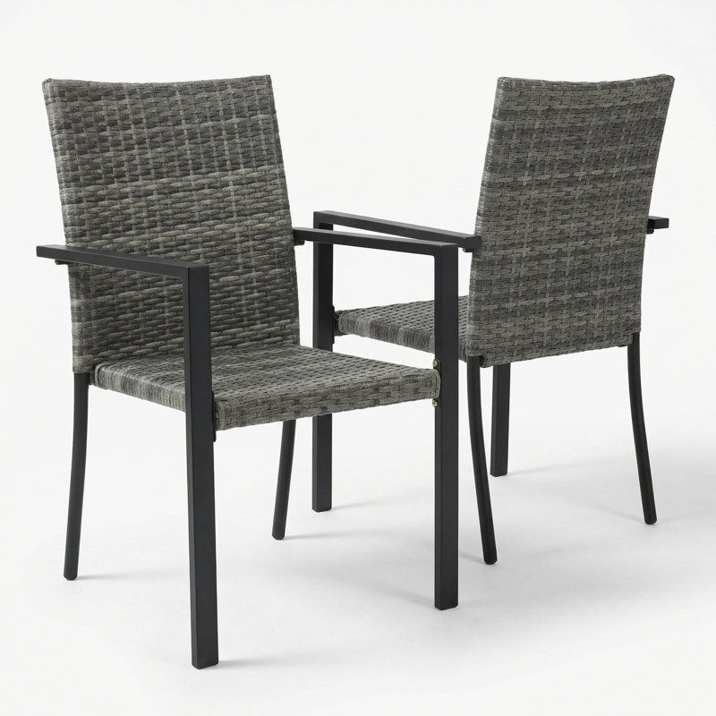 Arden Cove Coastal Wicker & Metal Stacking Patio Armchairs - All-Weather 300lb Capacity Outdoor Dining Chairs, Grey