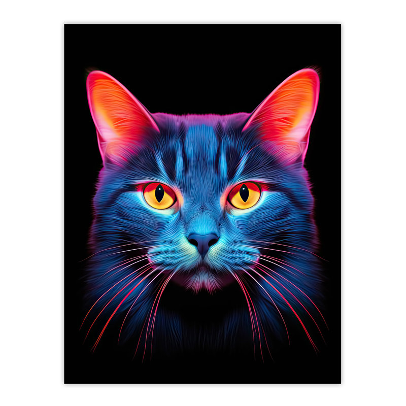 Wall Art Print Luminescent Cat Painting Blue High Contrast Pet Portrait Neon on Black Design Poster