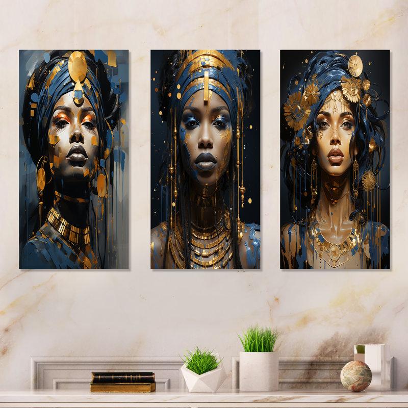 «Blue and Gold African Woman Goddess I», ensemble de 3 reproductions d'art sur toile, Toile tendue, H 28 po x l 36 po