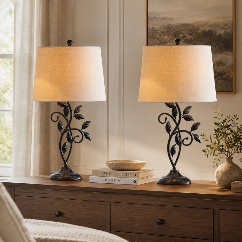 Grinstead 27"  Tradition Unique Leaf Design Metal Table Lamp with 3-Way Dimmable Lightingand Oatmeal Shade, Oatmeal