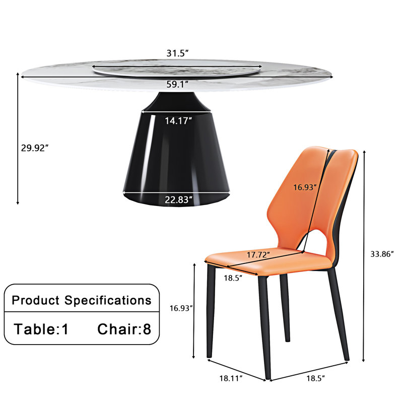 Table de salle à manger Wilburta, 9, Noir, marbre blanc