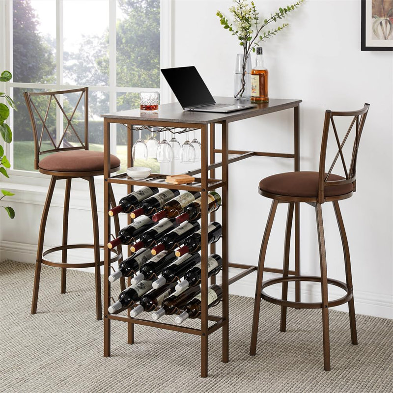 Bar Table Set for 3, Bar Table and Chairs, High Table with Wine Rack, Shelf, Glasses Holder, Dining Chairs with Ergonomic Curved Backrest for Kitchen Dining Room
