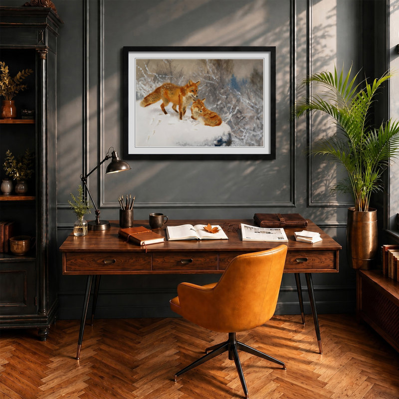 Two Foxes by Bruno Liljefors - Picture Frame Painting, Black Framed, 48cm H x 65cm W x 2cm D