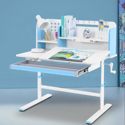Inbox Zero 39" Wide Height Adjustable Kid Writing Desk With Drawers, Children Study Desk Table With Book Shelf