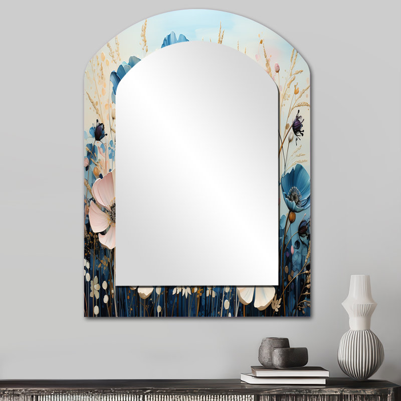 Meadow Whimsical Meadowscape Pointillism - Meadow Arch Large Wall Mirror, Traditional Asymmetrical Decorative Mirror, Printed Metal Art