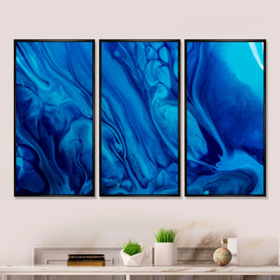 Mélange de peinture acrylique abstraite bleu foncé - ensemble d'art mural encadré abstrait sur toile de 3