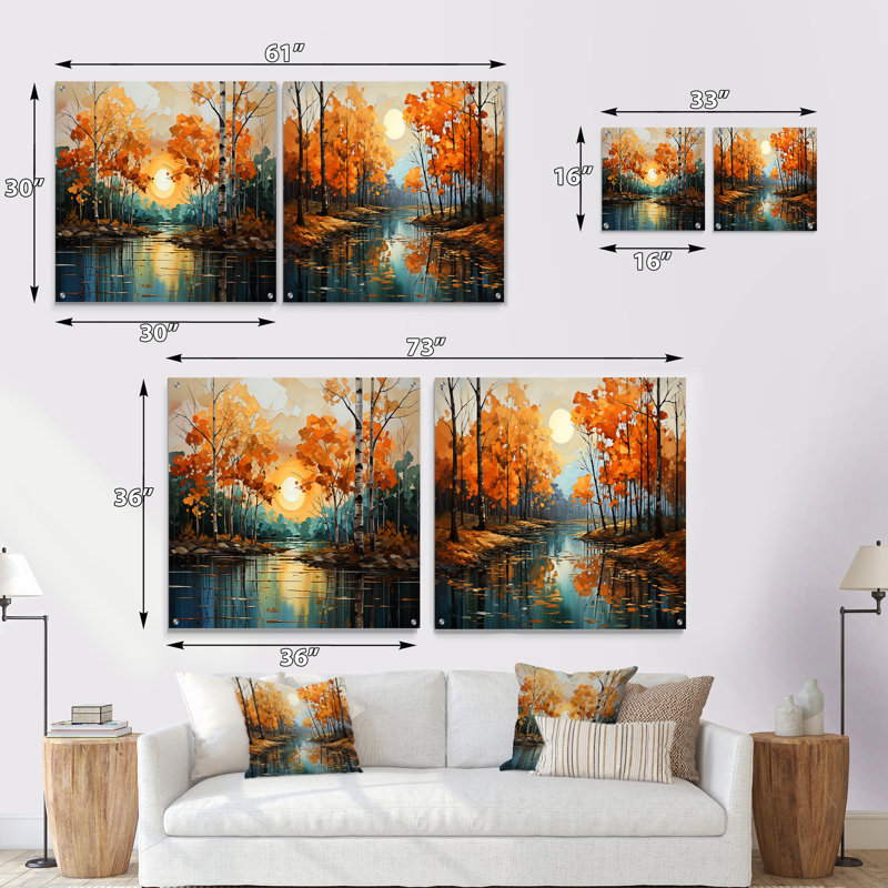 «Birch Woods Gilded Pathway VII», ensemble de 2 peintures murales en acrylique, H 16 po x l 33 po