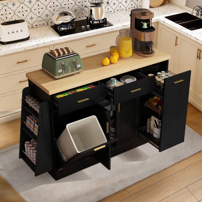 48.8" Kitchen Island Kitchen Cart on Wheels, Kitchen Bar Table with Tilt Out Trash Can Storage Cabinet, Black