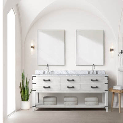 White Oak Double Bath Vanity 72 In. W X 22 In. D, Carrara Marble Top, And Faucet Set