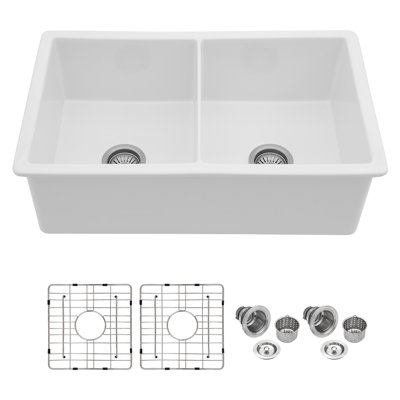 Évier de cuisine à double cuve en porcelaine blanche encastrée / encastrée en argile réfractaire de 32 po x l 19 po x L 19 po x 50 po avec grille inférieure et crépine