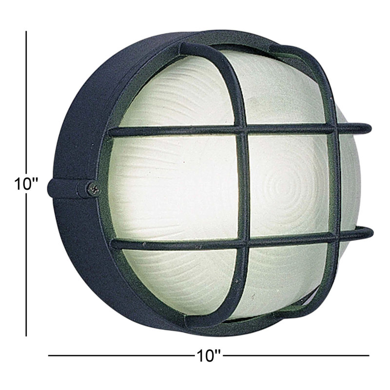 1-Light Outdoor Cast Aluminum Black Caged Bulkhead Light Wall Mount Wall Sconce with Frosted Ribbed Glass
