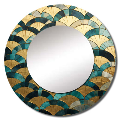 Sharaine Emerald And Golden Arches IV - Abstract Shapes Large Wall Mirror, Modern Round Decorative Mirror, Printed Metal Art