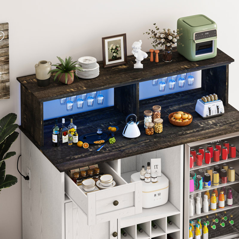 55'' Mini Fridge Cabinet With Led Light(No Fridge Included), Farmhouse Wood Wine Cabinets With Power Outlet, Coffee Bar Cabinet With Wine Rack & Glass Holder, Storage Drawers For Kitchen Dining Room