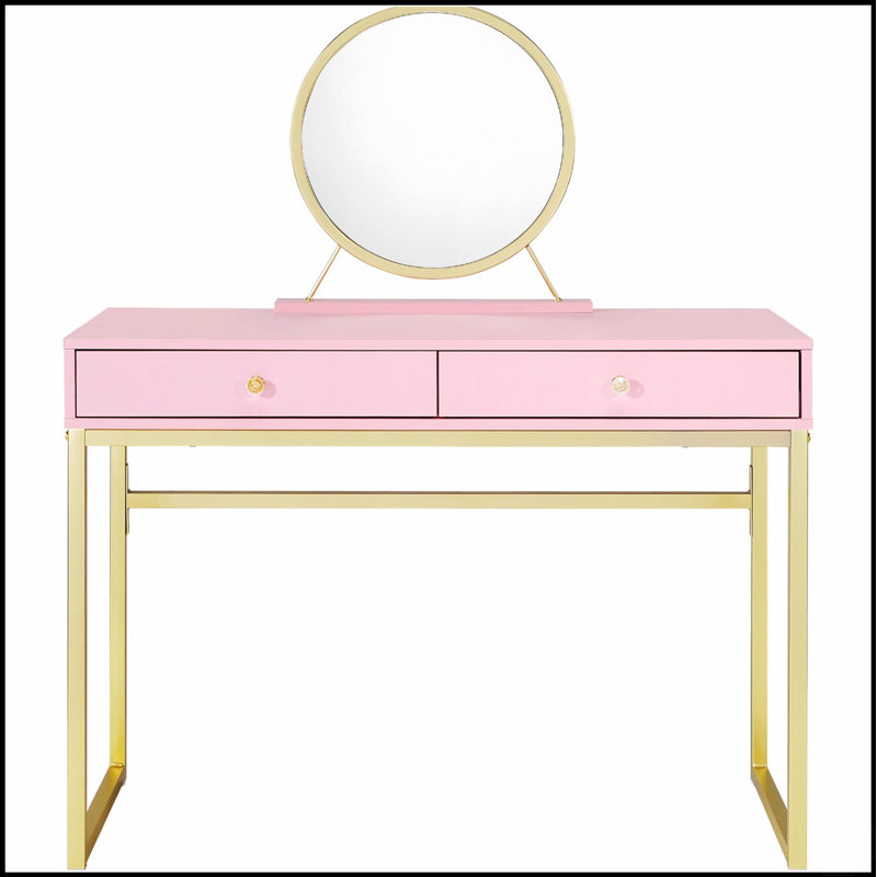 Bureau de coiffeuse chic avec miroir, plateau à bijoux et deux tiroirs spacieux pour des routines de beauté organisées