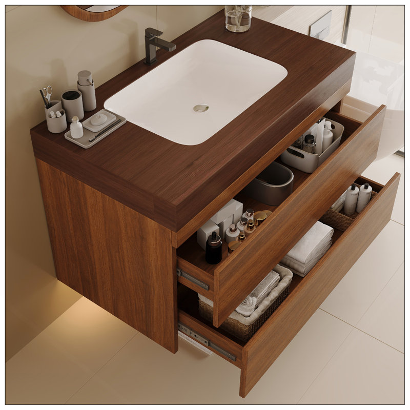 Meuble-lavabo flottant moderne 29,9 po avec comptoir en faux marbre et lavabo encastré en céramique, fixation murale pour petites salles de bain et appartements