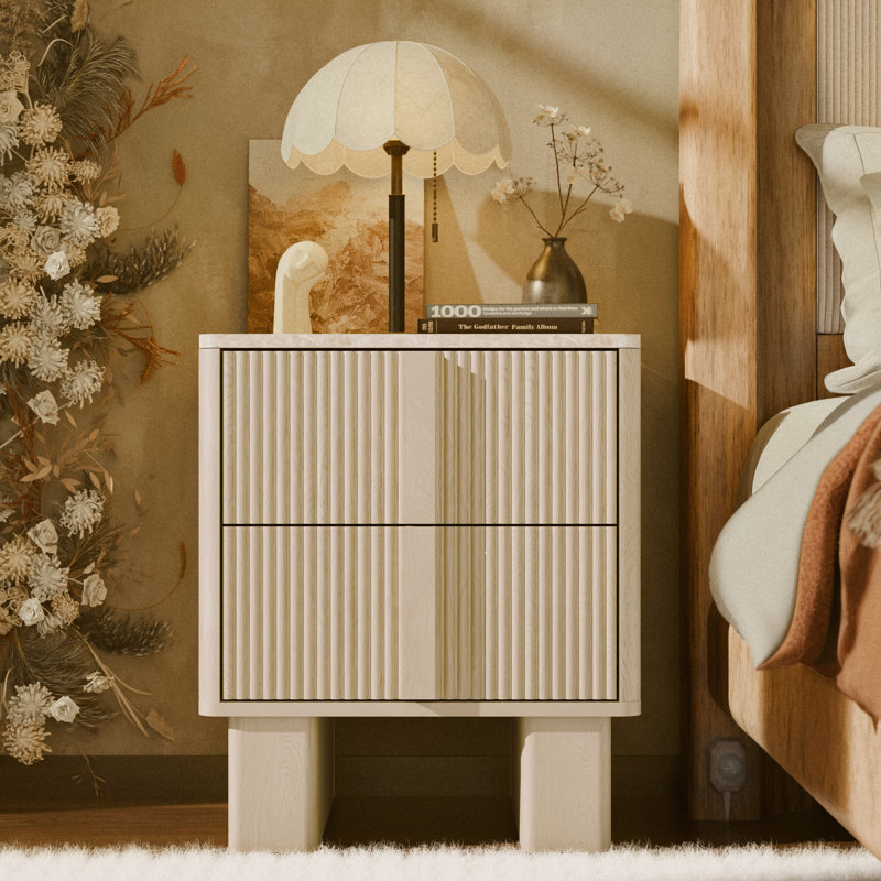 Table de chevet 2 tiroirs en bois avec station de charge, table de chevet moderne avec rangement, Chêne blanc