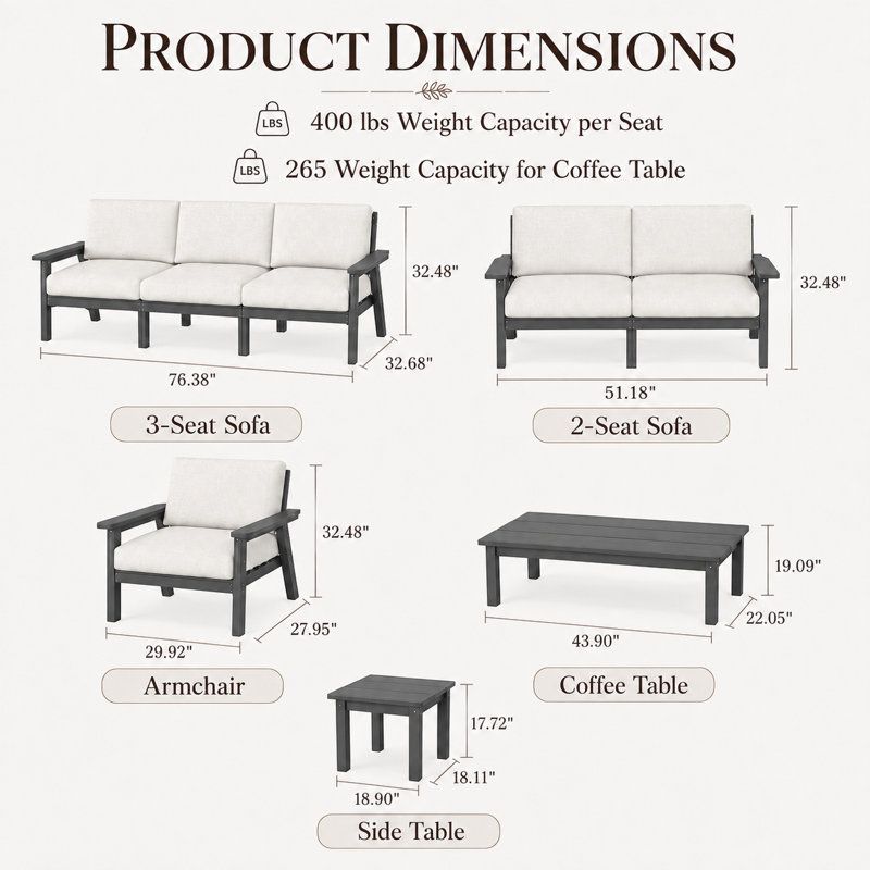 Ensemble de conversation de patio en PEHD pour 7 personnes avec coussins, ensemble de canapé de patio toutes saisons, ensemble de conversation extérieur