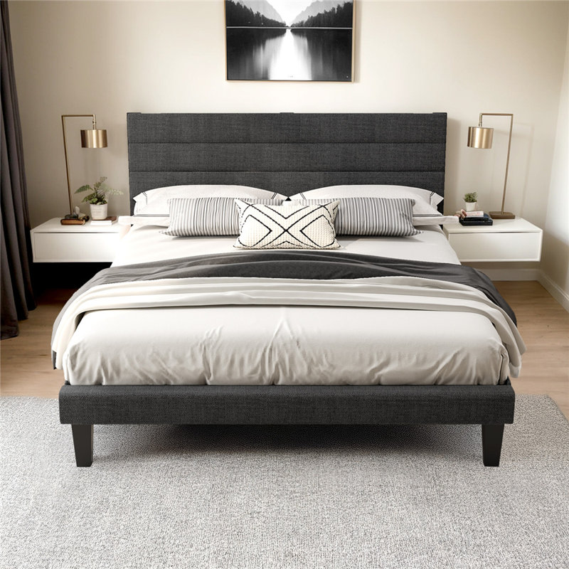 Bed Frame With Boucle Upholstered Headboard, Platform Bed, Queen