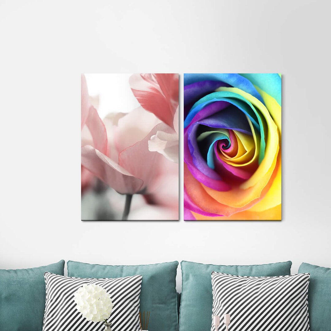 2-tlg. Leinwandbilder-Set - Grafikdruck „Tulips Rose Multicolored Flowers Summer”