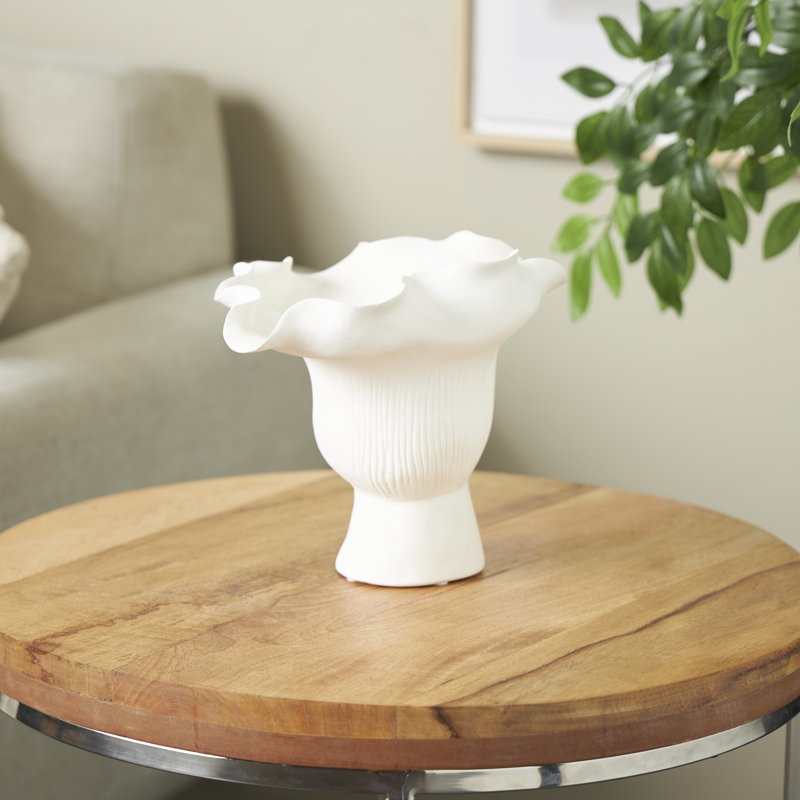 Joss & Main Ceramic Floral Inspired Abstract Vase With Linear Grooves, White