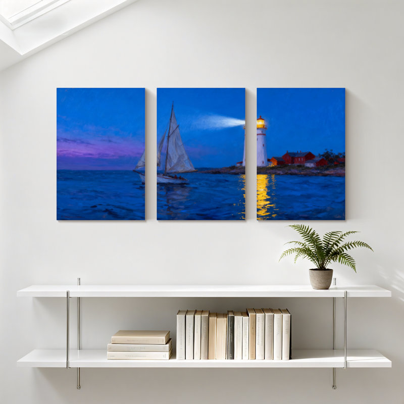 Nautique, voilier, phare, coucher de soleil, océan, réflexion, ciel nocturne, ensemble de 3 impressions sur toile