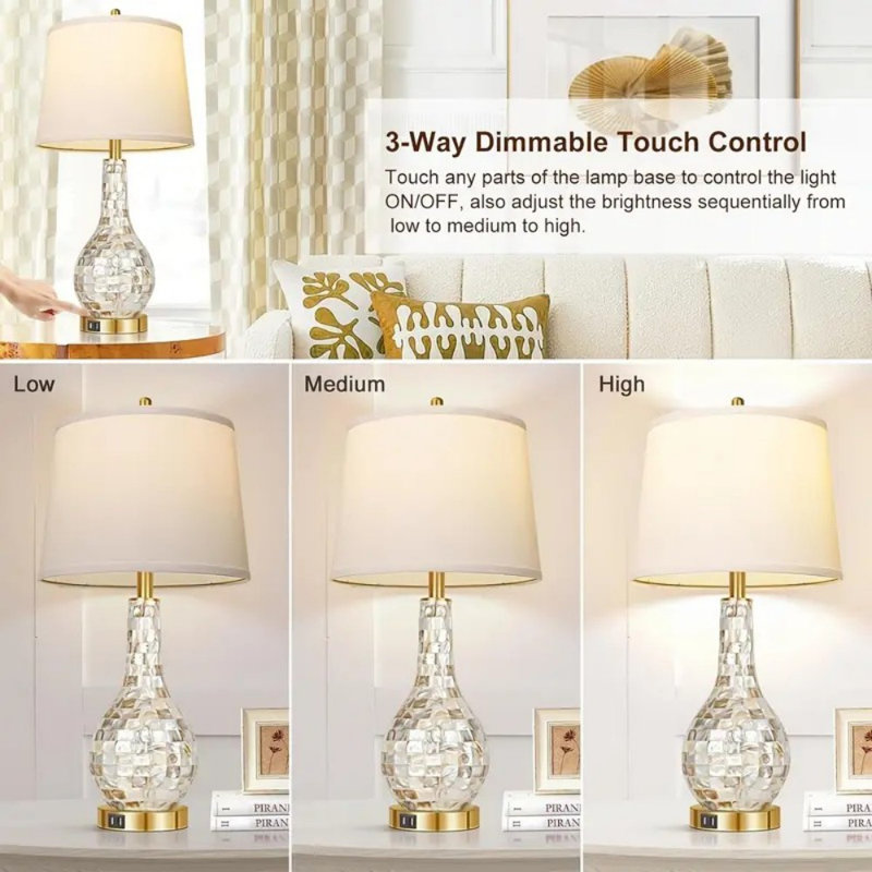 25.5" Mosaic Shell Tiles Tile Table Lamp Set Of 2, Modern Gold Bedside Table Lamp With Dual USB Charging Ports, 3 Colour Modes Adjustment Touch Control Table Lamp For Living Room, Bedroom