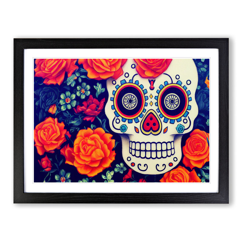 Wondrous Floral Sugar Skull - Single Picture Frame Painting, Black, 46cm H x 64cm W x 2cm D