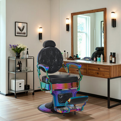 Fauteuil de barbier robuste de 26 po d'épaisseur rétro avec structure en métal, fauteuil de salon pivotant, similicuir
