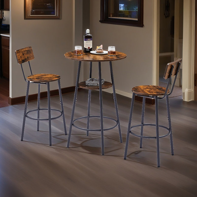 Round bar stool set with shelves, stool with backrest, Brown, Rustic Brown