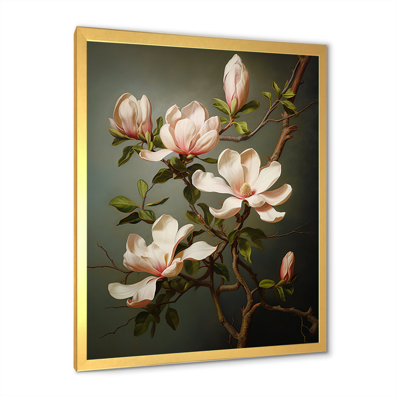 Magnolias méditation sur toile, Cadre photo doré simple, H 32 po x l 16 po x P 1 po