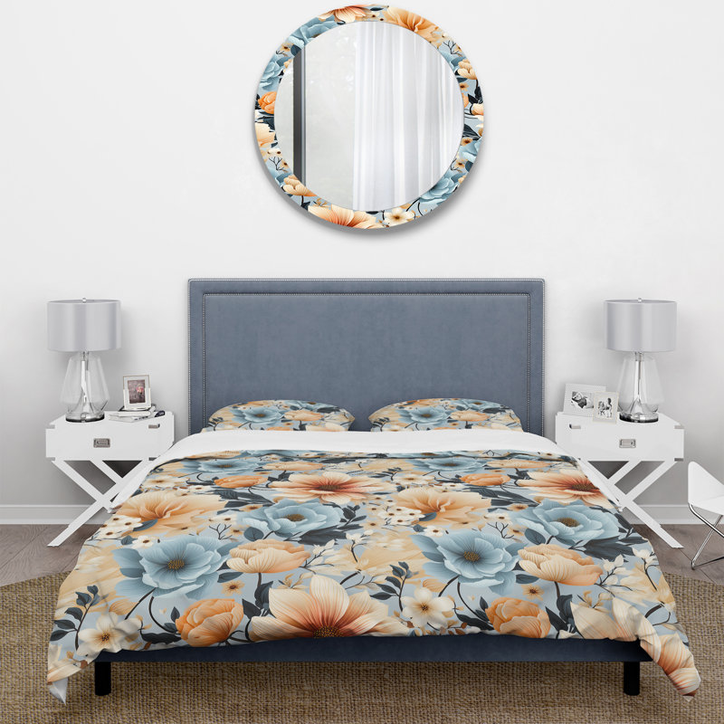 Ensemble de housse de couette Blue And Beige Bohemian Floral Pattern, Housse de couette simple + 1 taie décorative stan