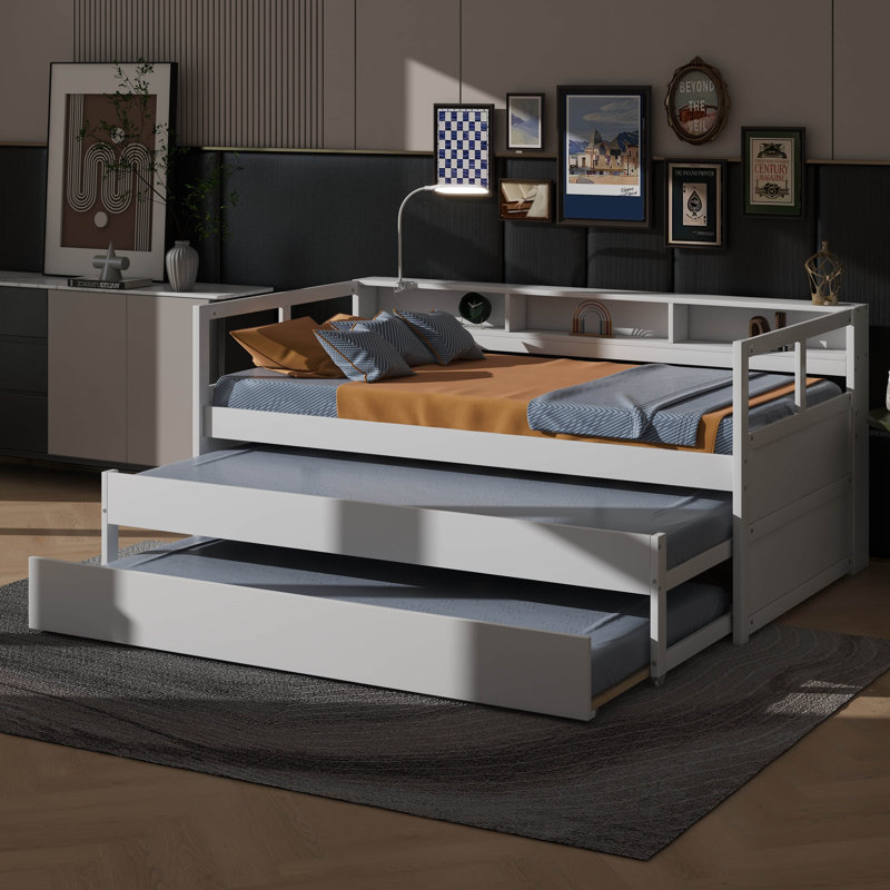 Lit de jour simple TG en bois avec deux lits gigognes, trois rangements et lumière, Blanc