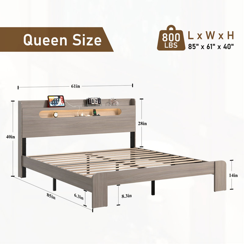 Base de lit plateforme en bois pour grand lit, Gris clair, Grand