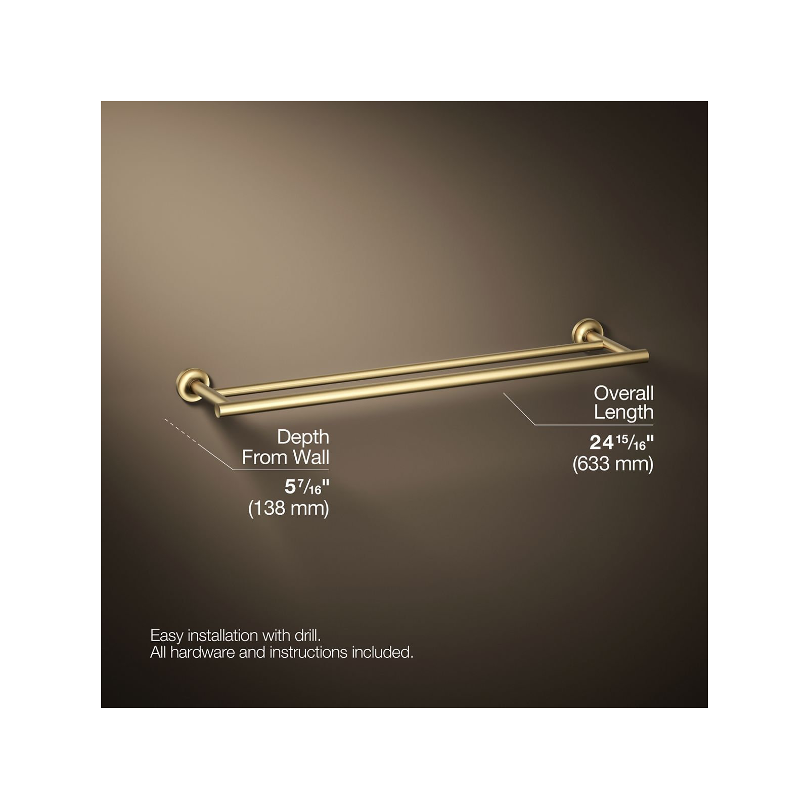 Purist Double 24" Wall Mounted Towel Bar, Vibrant Brushed Moderne Brass