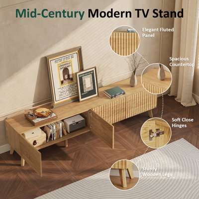 71'' Mid-Century Modern Fluted TV Stand for TVs Up to 75'', Entertainment Center with 2 Storage Cabinets, Natural Wood Media Console