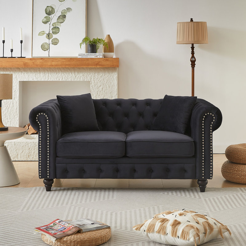 63,5 po avec velours, boutons, accoudoirs roulés, 2 coussins, pieds en bois brun foncé, velours moderne à assise confortable, sièges, coussins rembourrés à ressorts
