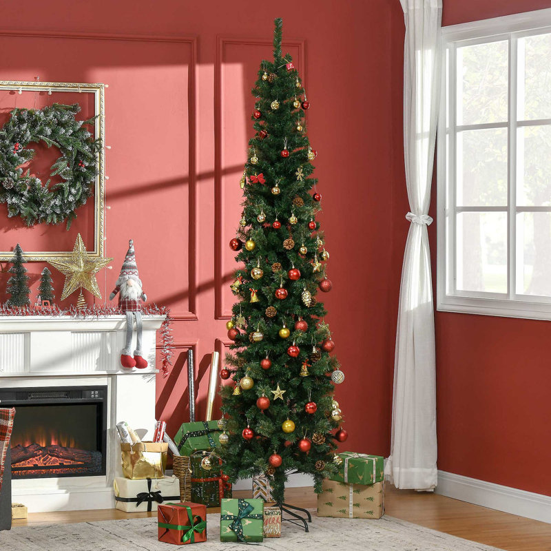 Arbre de Noël artificiel 7,5 pi avec aiguilles de pin minces avec branches réalistes, pommes de pin et base en métal